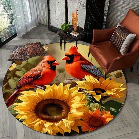 Navak Carpet [2D flat, not 3D]Comes with 2 anti slip mats.2D flat, not Comes with 2 anti slip matsGorgeous Red Bird and Sunflower Round Mat-