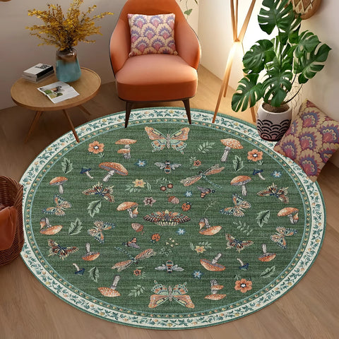 Navak Carpet Round Boho Floral Carpet - Vibrant Mushroom & Butterfly Print, Non-Slip Area Rug for Living Room/Bedroom, Nature-Inspired Decor