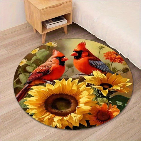 Navak Carpet [2D flat, not 3D]Comes with 2 anti slip mats.2D flat, not Comes with 2 anti slip matsGorgeous Red Bird and Sunflower Round Mat-