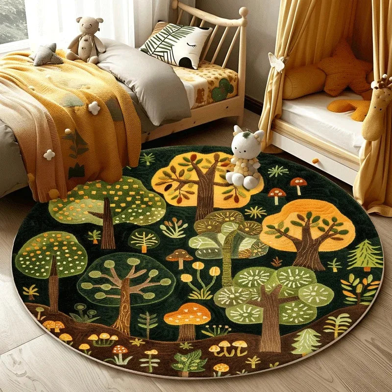 Navak Carpet Forest Pattern Living Room Lovely Round Bedroom Decorative Carpet Washable Children Floor Mat Study Rug