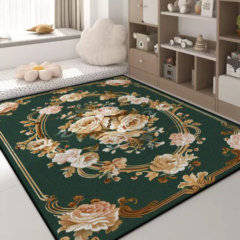 Navak Carpet Luxury Green Flower Area Rug – Non-Slip Large Living Room Carpet, Golden Border Washable Soft Mat for Bedroom Home Decor
