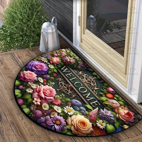 Navak Carpet Non Slip Half Round Doormat Flower Floral Absorbent Welcome Rugs Washable Door Mat Entrance Mat Indoor Outdoor