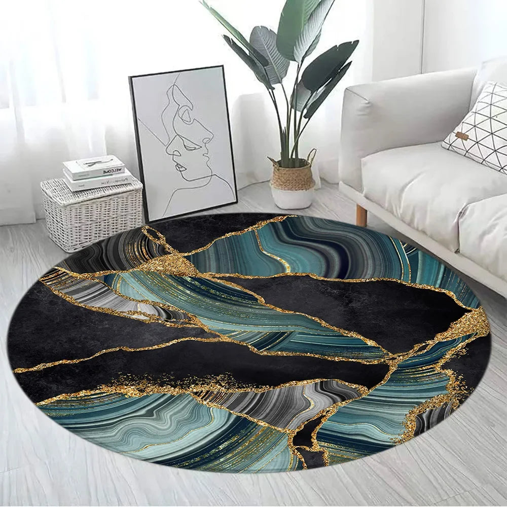 Navak Carpet Abstract Blue Marble Round Carpet Gold Textured Geometric Pattern Black Home Rugs Living Room Bedroom Decor Sofa Rug Floor Mats