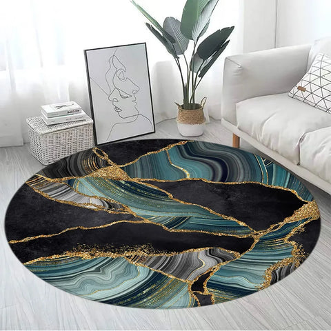 Navak Carpet Abstract Blue Marble Round Carpet Gold Textured Geometric Pattern Black Home Rugs Living Room Bedroom Decor Sofa Rug Floor Mats