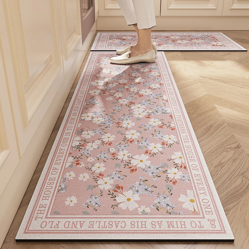 Navak Carpet Rugs for Kitchen Floor Mat Pvc Leather Waterproof Non-slip Long Rug Anti-fatigue Foot Mats Pink Flower Home Decor Vinyl Carpet