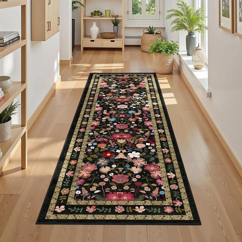Navak Carpet Floral Hallway Runner Rug Soft Flower Botanical Long Carpet Bedroom Non-Slip Floor Mat Machine Washable Kitchen Home Decoration