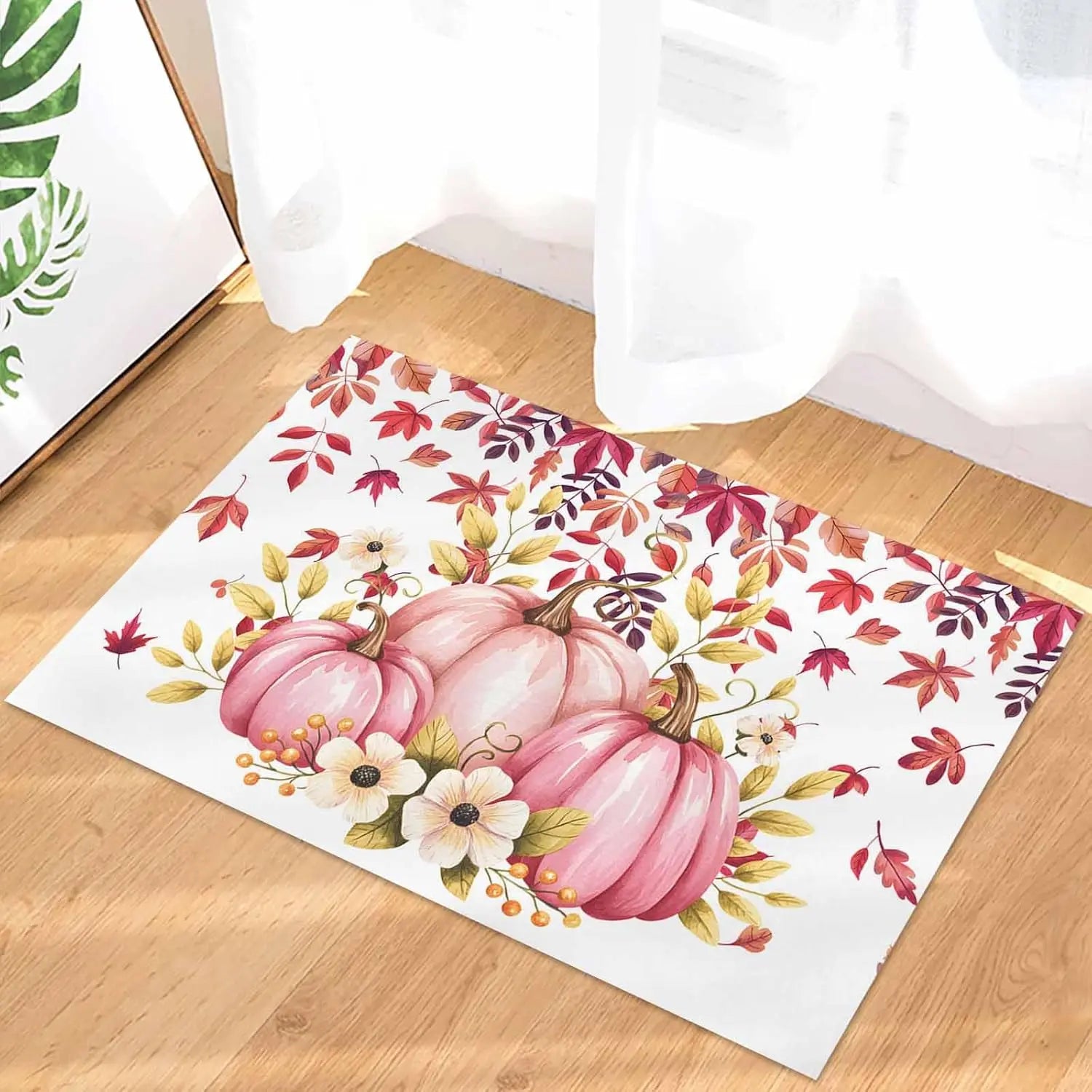Navak Carpet Fall Pink Pumpkins Flowers Leaves Welcome Doormats Decor Kitchen Corridor Balcony Rugs Bedroom Beside Foot Mat Non-Slip Floormat