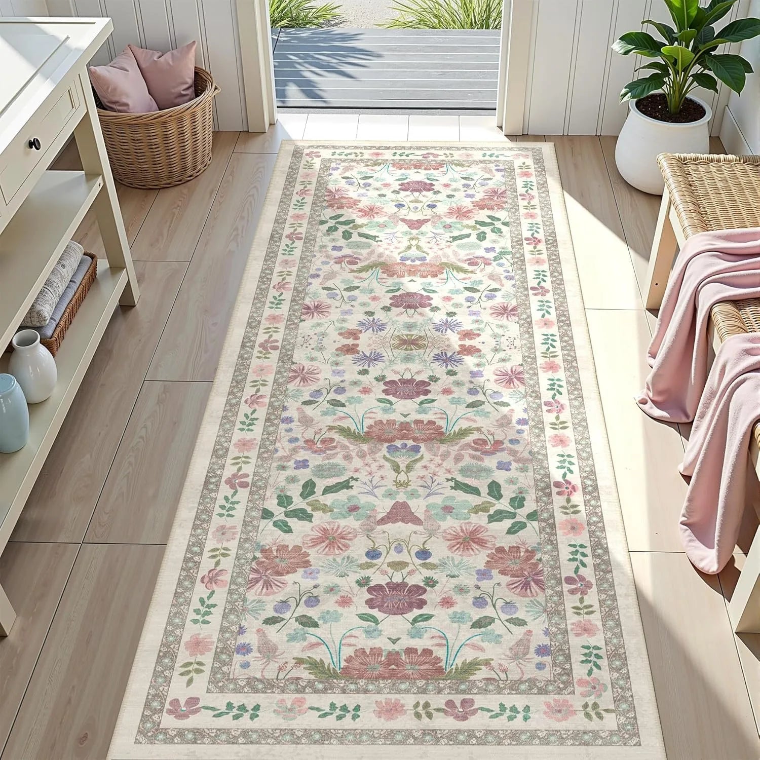 Navak Carpet Floral Hallway Runner Rug Soft Flower Botanical Long Carpet Bedroom Non-Slip Floor Mat Machine Washable Kitchen Home Decoration
