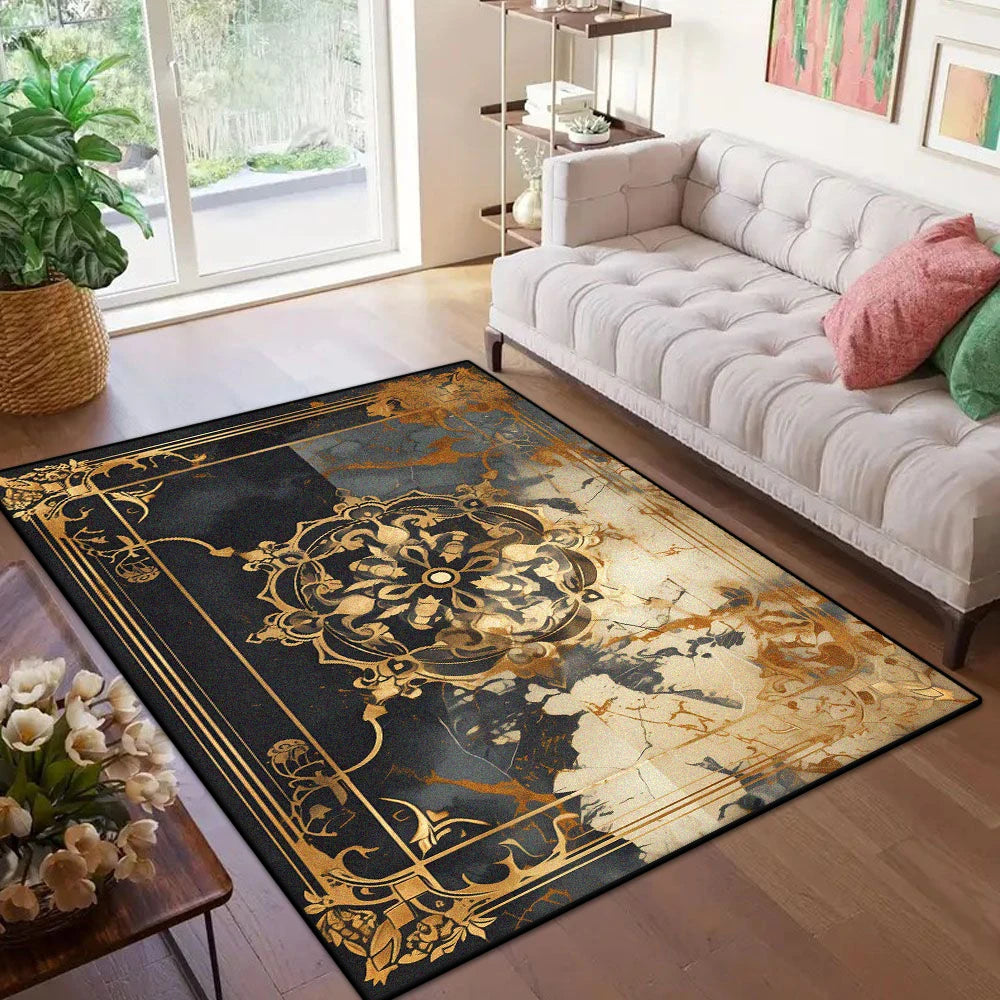 Navak Carpet Marble Style Luxury Golden Border Carpet for Live Room Soft Antiskid Large Size Bedroom Rug Machine Washable Entrance Door Mat