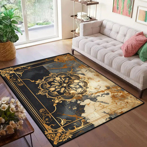 Navak Carpet Marble Style Luxury Golden Border Carpet for Live Room Soft Antiskid Large Size Bedroom Rug Machine Washable Entrance Door Mat