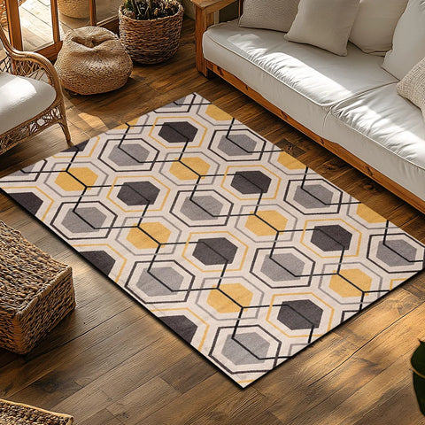 Navak Carpet Yellow Gray Geometric Bohemian Rug, Modern Pattern Non-Slip Carpet, Cozy Living Room Mat for Scandinavian Decor