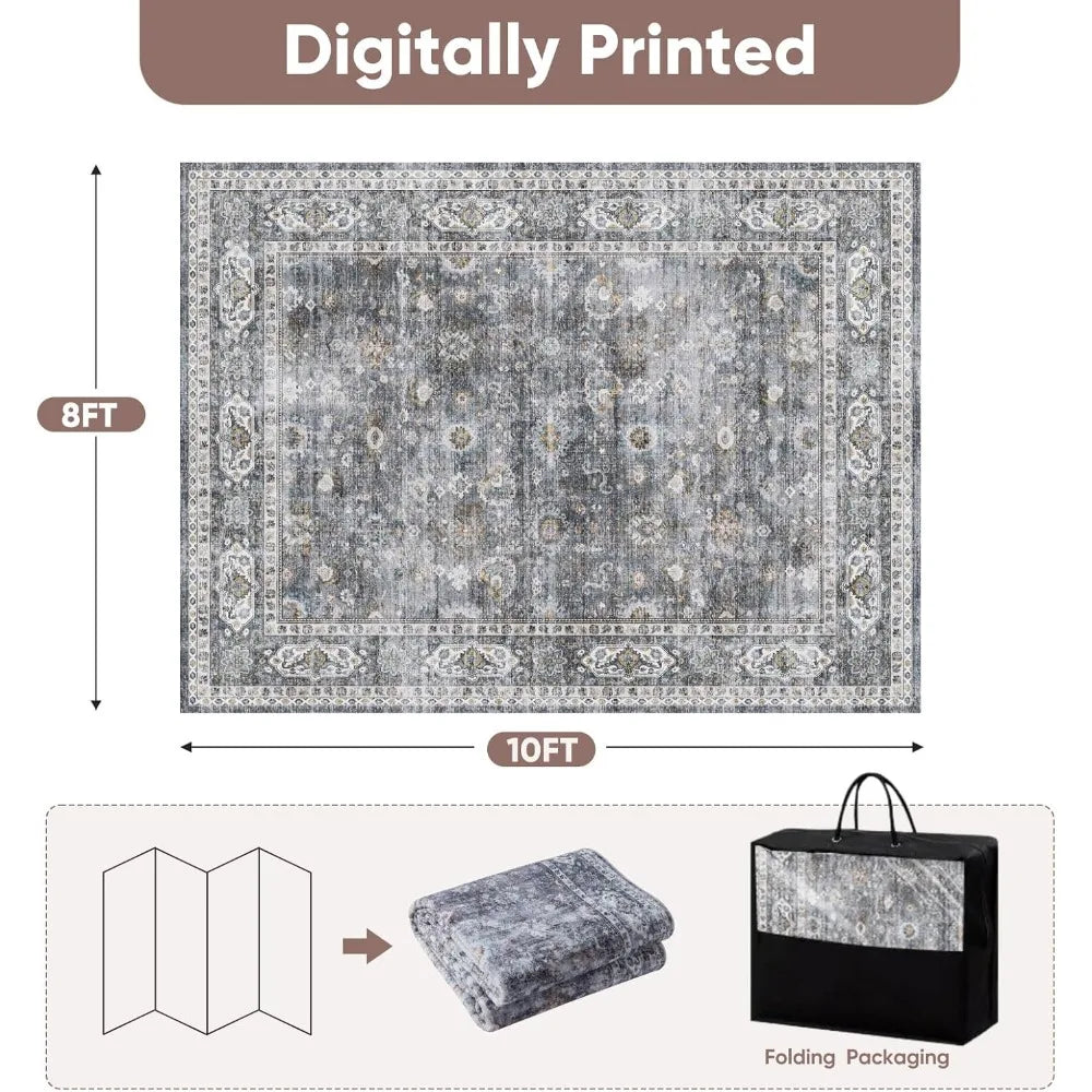 Navak Carpet 8x10 Rug Washable Boho Rug Soft Large Area Rug Non-Slip Non-Shedding Faux Wool Vintage Rug for Living Room, Farmhouse, Dining Ro