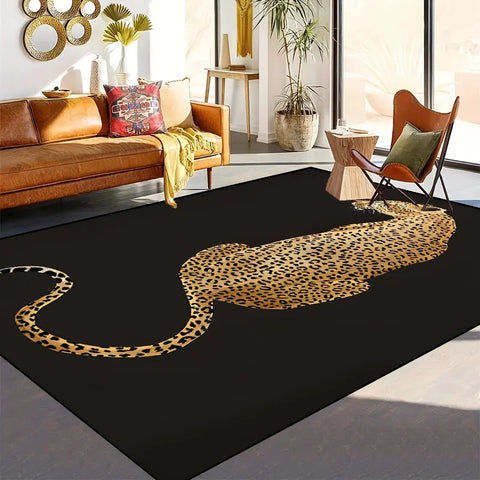 Navak Carpet 1pc Leopard Print Area Mat-Machine Washable, Decorative Carpet with Black Background and Gold Leopard Design