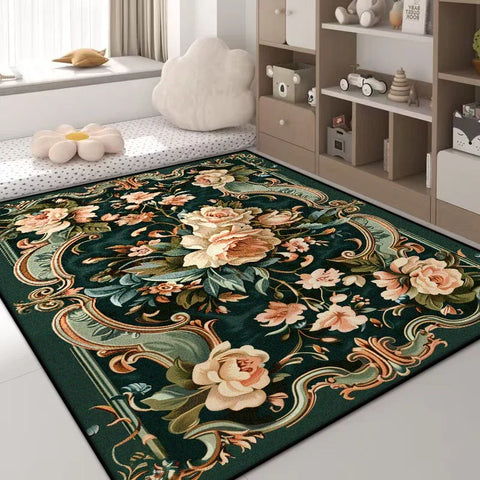 Navak Carpet Luxury Green Flower Area Rug – Non-Slip Large Living Room Carpet, Golden Border Washable Soft Mat for Bedroom Home Decor