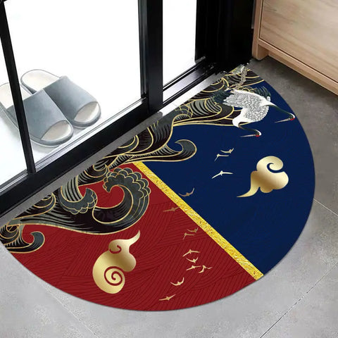 Navak Carpet Chinese Semi-circular Floor Mats Japanese Style Crane Printed Door Entrance Non-slip Floor Mats Balcony Carpet Hallway Porch Rug