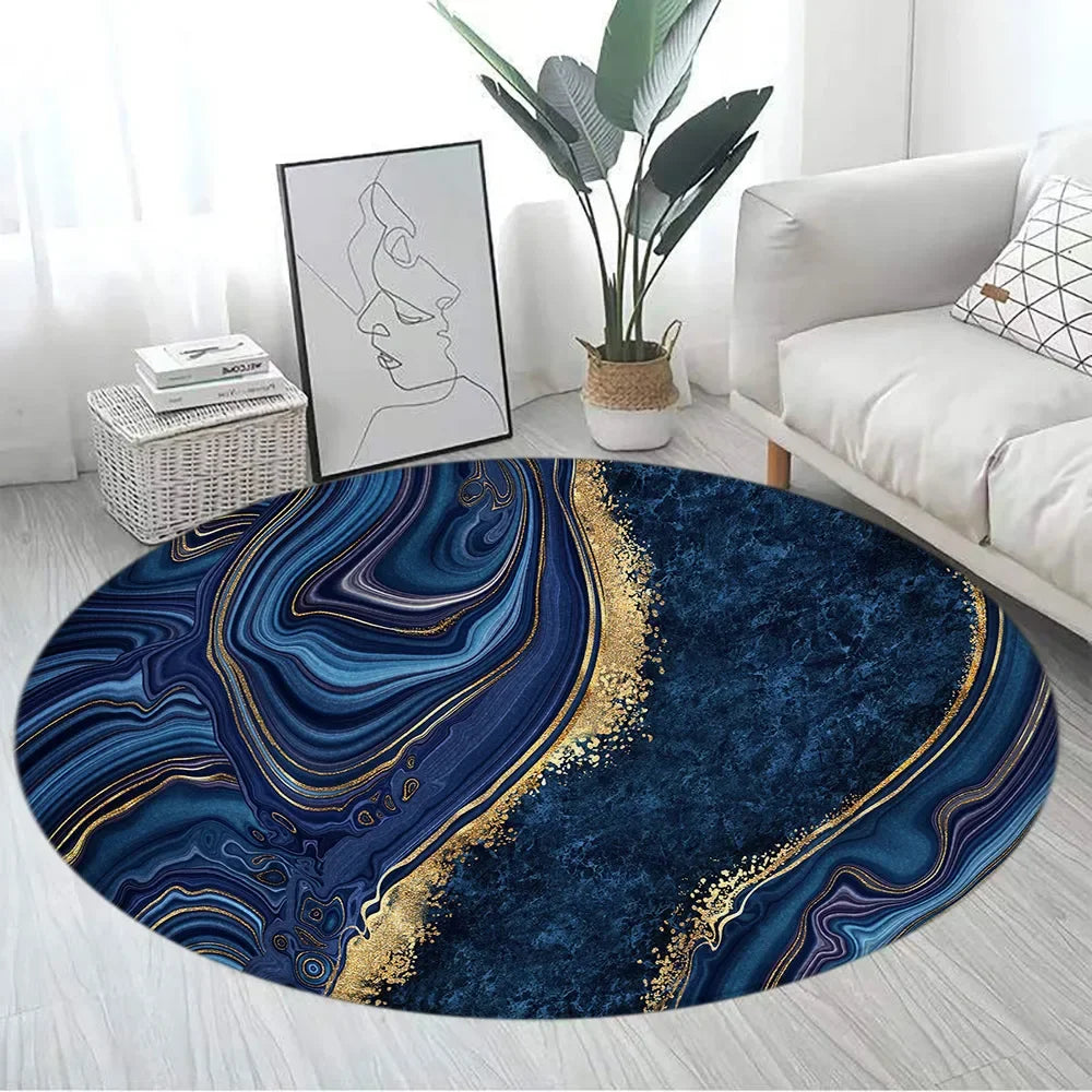 Navak Carpet Abstract Blue Marble Round Carpet Gold Textured Geometric Pattern Black Home Rugs Living Room Bedroom Decor Sofa Rug Floor Mats