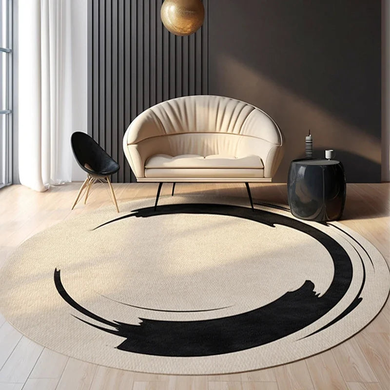 Navak Carpet Living Room Carpet Round Simple Light Luxury Bedroom Carpets Black Ring Geometric Rug Stain-Resistant Swivel Chair Rugs Alfombra