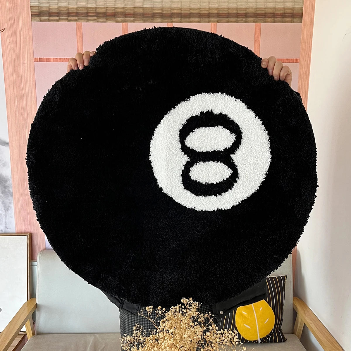 Navak Carpet 1 Pack Black Billiards 8 Ball Round Flocked Floor Bedroom Anti-Slip Carpet Mat Living Plush Soft Bedroom Rug