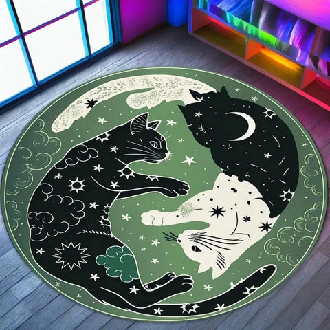 Navak Carpet Yin Yang CAT Printed Round Carpets for Home Living Room Rug Bedroom Decor Rug Non Slip Washable Flannel Floor Mat