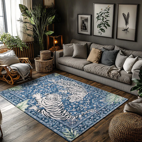 Navak Carpet Blue Tiger Pattern Bohemian Rug, Jungle Theme Non-Slip Carpet, Plush Living Room Mat for Nature Inspired Decor