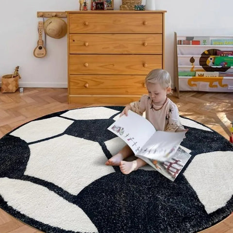 Navak Carpet 100x100cm Black Soccer Soft Plush Round Rug Non Slip Nursery Rug Bedroom Playroom Rug Washable Bedroom Crawling Mat for Kids