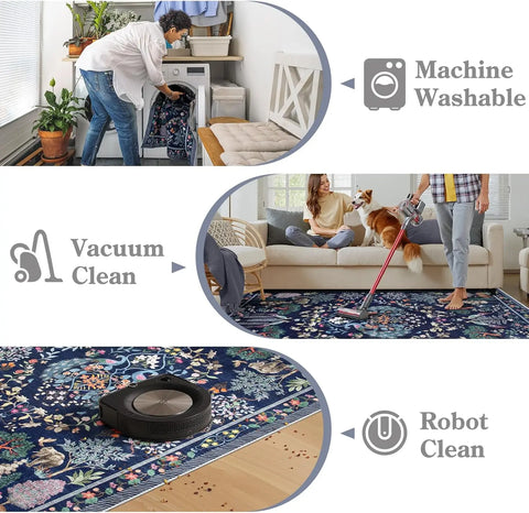 Navak Carpet Boho Floral Soft Blue Dining Room Rug, Non Slip Ultra Thin Stain Resistant Large Floor Carpet for Bedroom Home Office