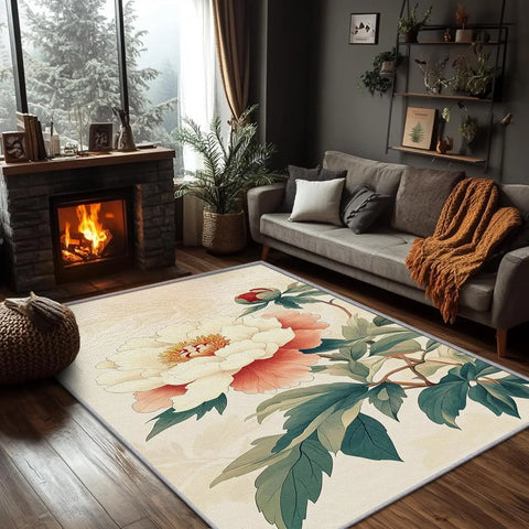 Navak Carpet Peony Flower Rugs Washable Chinoiserie Floral Botanical Area Rug - Flower Oriental Rugs -Japanese Asian Style Carpet