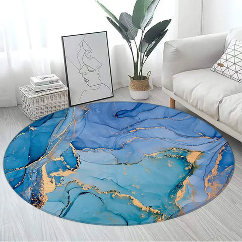 Navak Carpet Abstract Blue Marble Round Carpet Gold Textured Geometric Pattern Black Home Rugs Living Room Bedroom Decor Sofa Rug Floor Mats