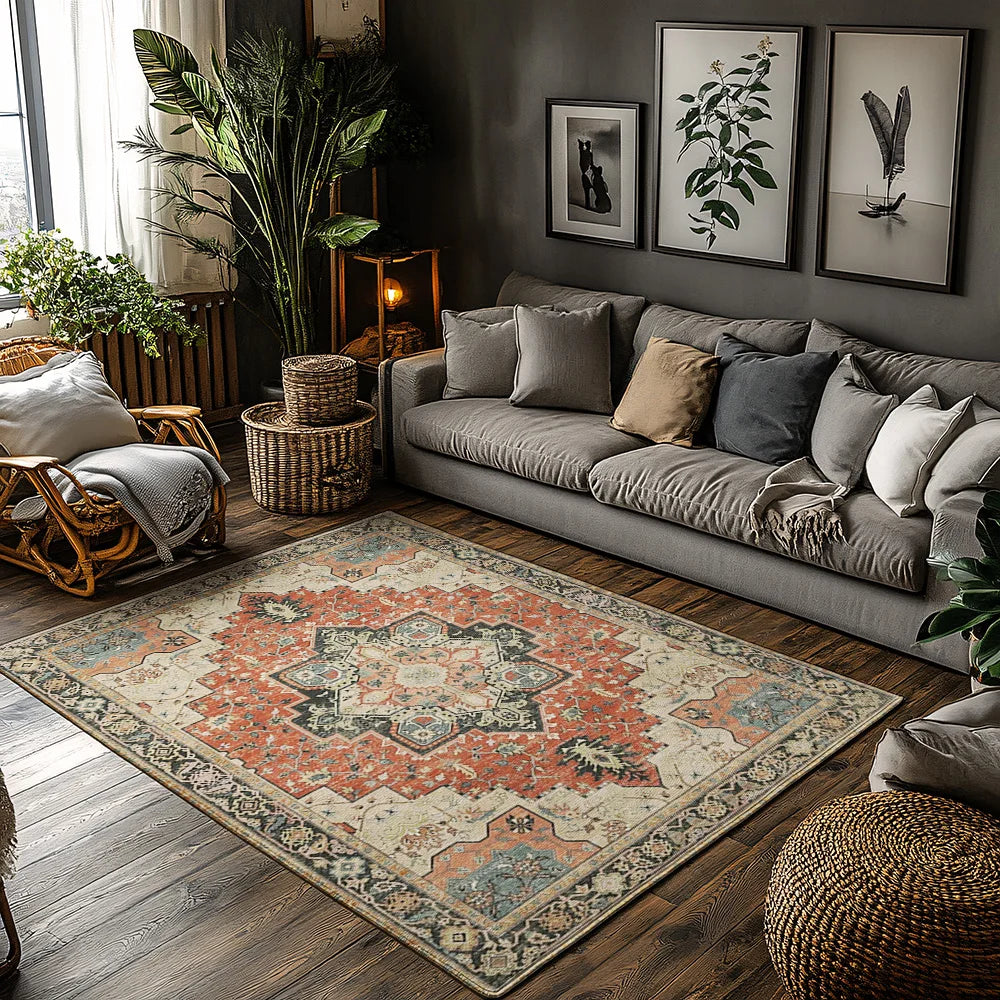 Navak Carpet Red Green Bohemian Area Rug, Ethnic Pattern Non-Slip Carpet, Cozy Living Room Mat for Natural Home Decor
