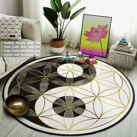 Navak Carpet Yin Yang Tai Chi Round Carpet Flower of Life Gym Carpets Circle Rug Indian Buddha Yoga Meditation Mats Non-slip Chair Mat Decor