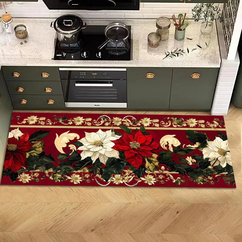 Navak Carpet Christmas Poinsettia Floral Kitchen Mat Decor Non-Slip Laundry Room Mats Hallway Balcony Rugs Bedroom Mat Christmas Decorations