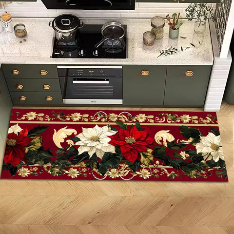 Navak Carpet Christmas Poinsettia Floral Kitchen Mat Decor Non-Slip Laundry Room Mats Hallway Balcony Rugs Bedroom Mat Christmas Decorations