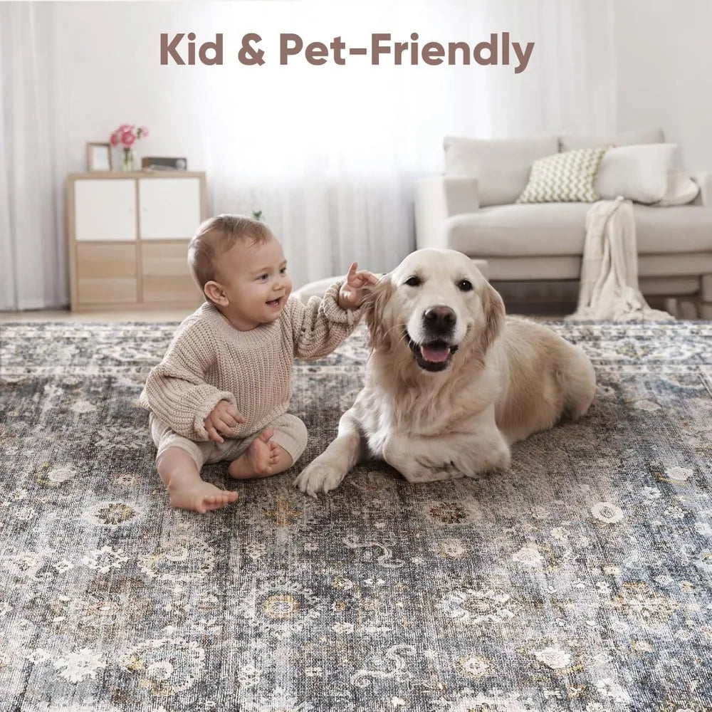 Navak Carpet 8x10 Rug Washable Boho Rug Soft Large Area Rug Non-Slip Non-Shedding Faux Wool Vintage Rug for Living Room, Farmhouse, Dining Ro