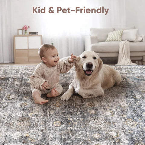 Navak Carpet 8x10 Rug Washable Boho Rug Soft Large Area Rug Non-Slip Non-Shedding Faux Wool Vintage Rug for Living Room, Farmhouse, Dining Ro