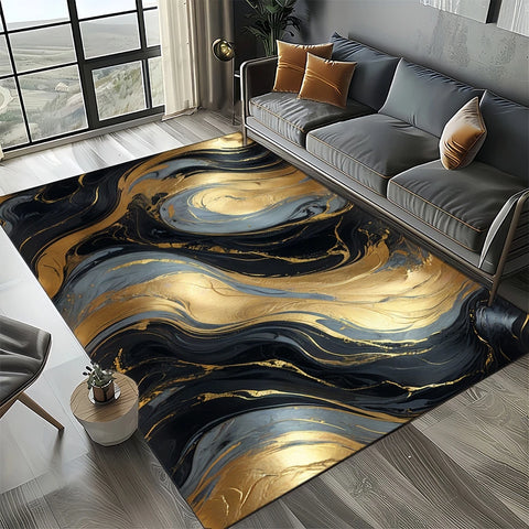 Navak Carpet Elegant Black White & Gold Area Rug – Sophisticated Marble-Like Pattern for Living Room or Bedroom, Non-Slip Modern Home Decor