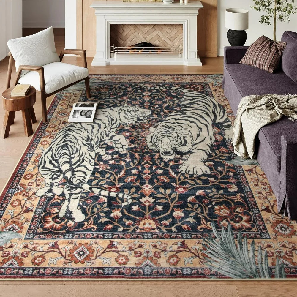 Navak Carpet Moynesa Tiger Bohemian Rug for Living Room Retro Tiger Print Carpet Washable Carpets Dining Room Indoor Doormat Kitchen Area Rug