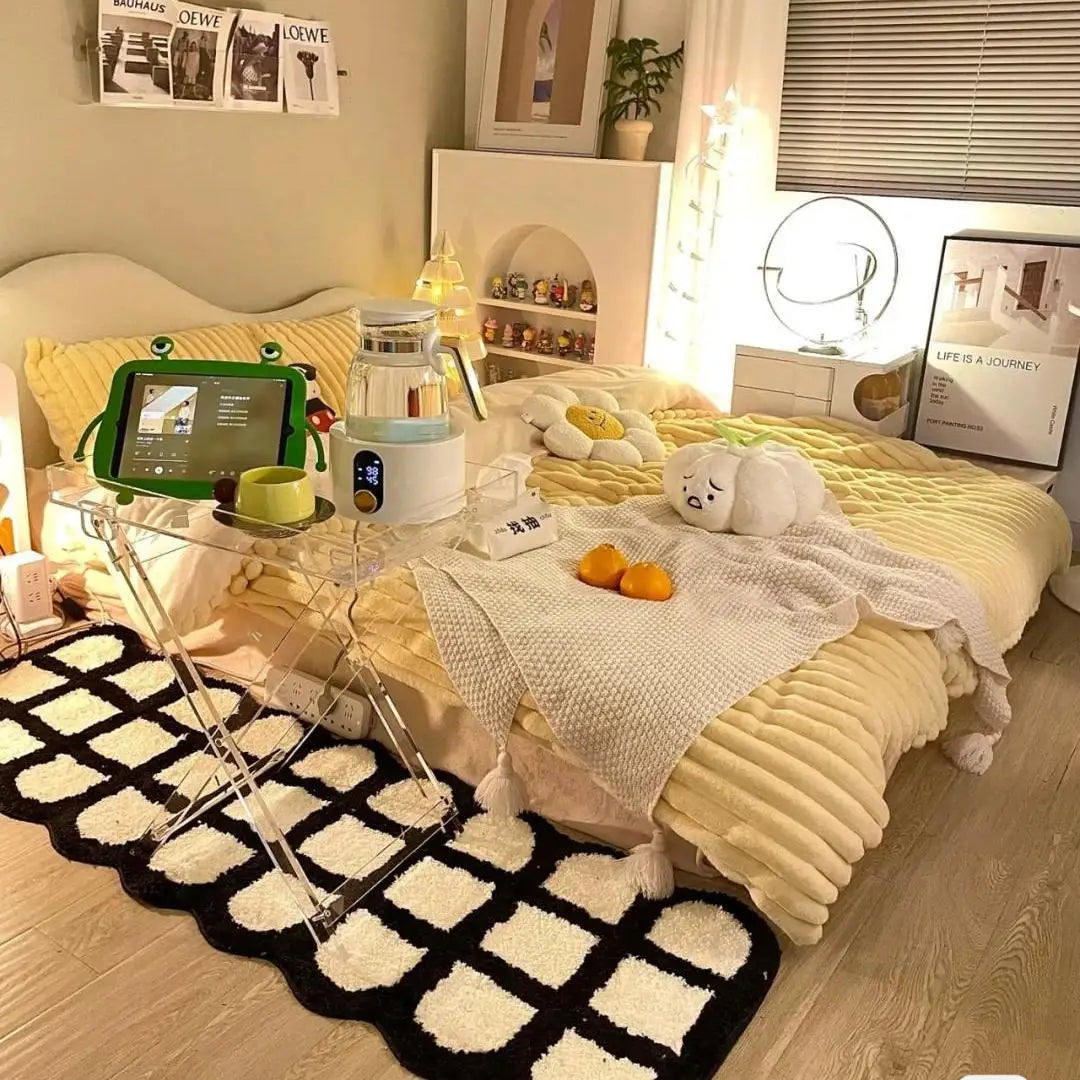 Navak Carpet Korean Style Carpet for Living Room Plush Black White Sinple Thick Anti-slip Carpet Ins Style Small Rugs Bedroom Fluffy Foot Mat
