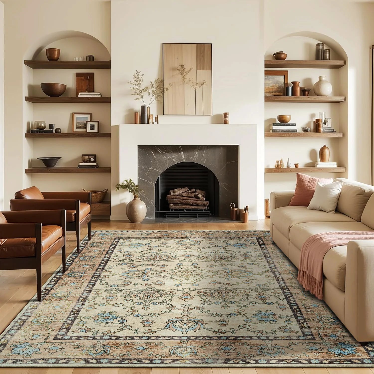 Navak Carpet Area Rugs for Living Room, Machine Washable Vintage Rug, Non-Slip Low Pile Throw Rugs with Rubber Backing Washable Carpet