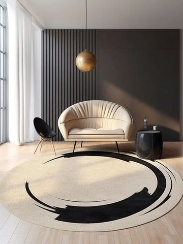 Navak Carpet Living Room Carpet Round Simple Light Luxury Bedroom Carpets Black Ring Geometric Rug Stain-Resistant Swivel Chair Rugs Alfombra