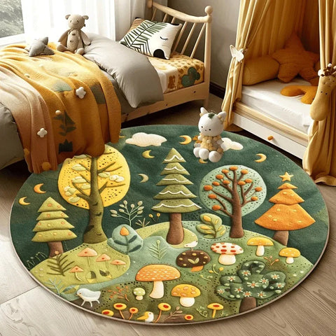 Navak Carpet Forest Pattern Living Room Lovely Round Bedroom Decorative Carpet Washable Children Floor Mat Study Rug