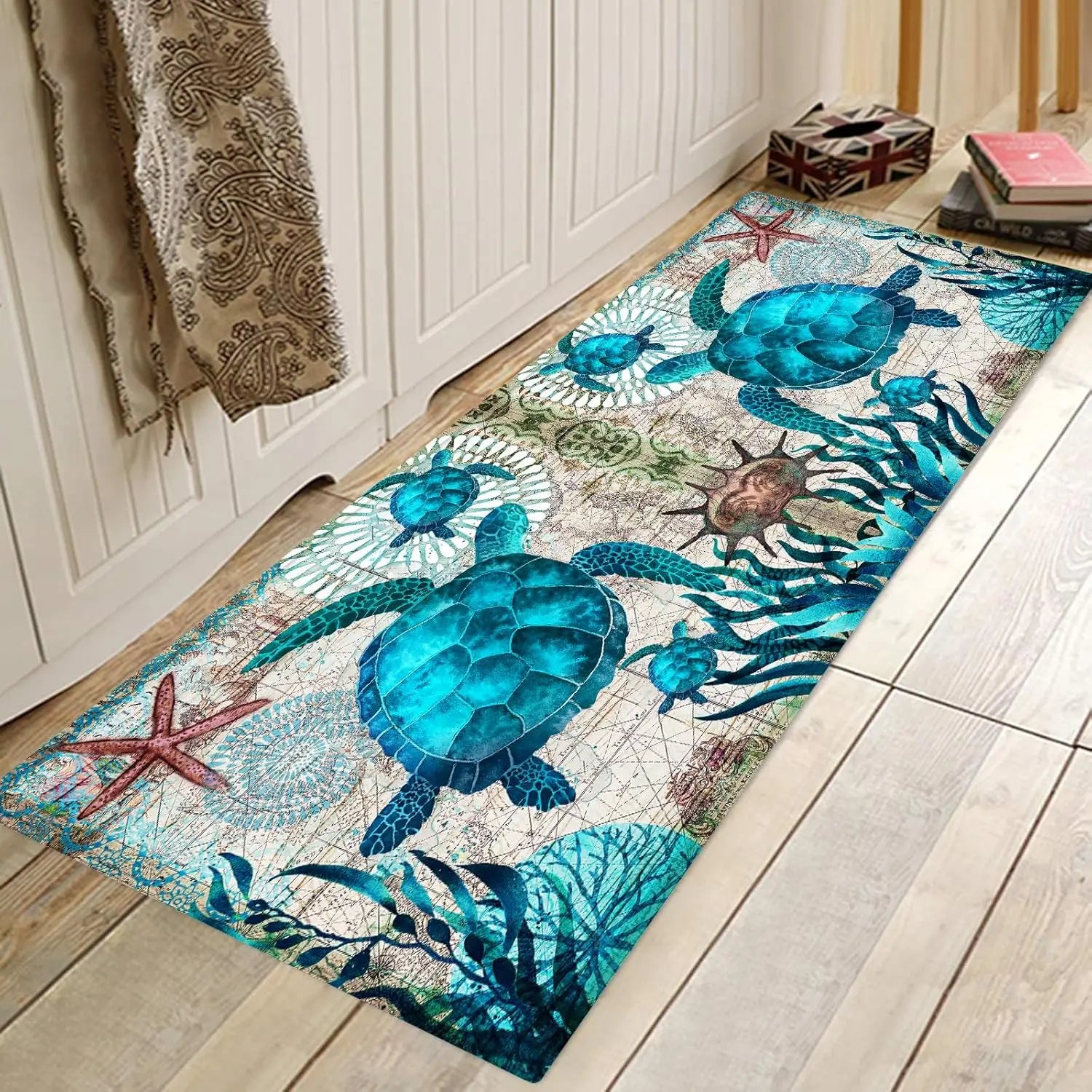 Navak CarpetCoastal Sea Turtle Ocean Life Runner Rugs Decor Kitchen Hallway Balcony Floormat Bedroom Entrance Doormat Bath Non-Slip Foot Pad