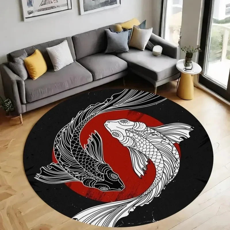 Navak Carpet Yin Yang Koi Fishes Print Round Carpets for Home Living Room Rug Bedroom Decor Rug Non Slip Washable Flannel Floor Mat