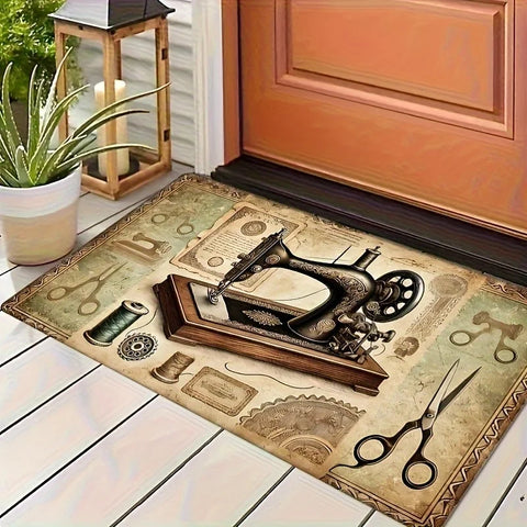 Navak Carpet Retro Door Mat Sewing Machine and Scissor Design Anti Slip Polyester Rug Suitable for Living Room and Bedroom Decoration Carpet