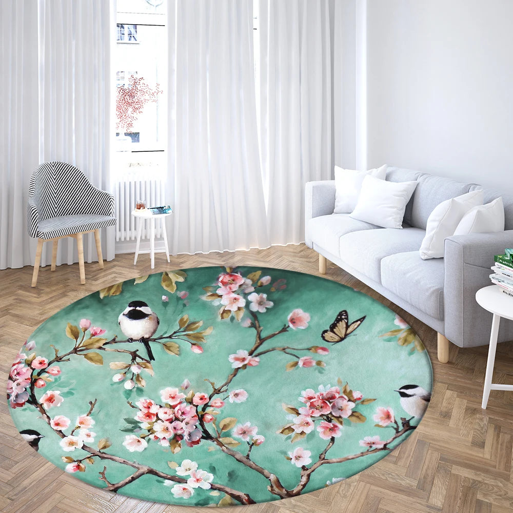 Navak Carpet Home Living Room Bedroom Bathroom Floor Mat Printing Decorative Carpet Flower and Bird  Round  Peony Rose