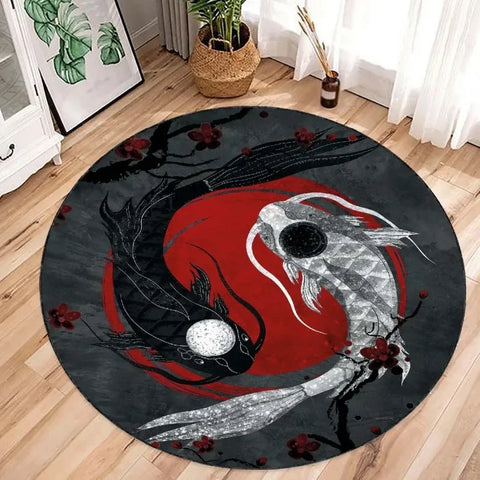 Navak Carpet Yin Yang Koi Fishes Print Round Carpets for Home Living Room Rug Bedroom Decor Rug Non Slip Washable Flannel Floor Mat