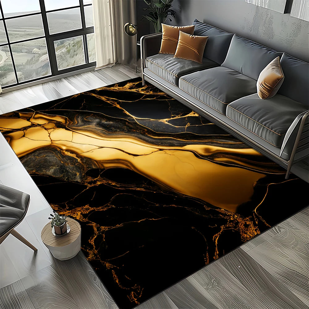 Navak Carpet Elegant Black White & Gold Area Rug – Sophisticated Marble-Like Pattern for Living Room or Bedroom, Non-Slip Modern Home Decor
