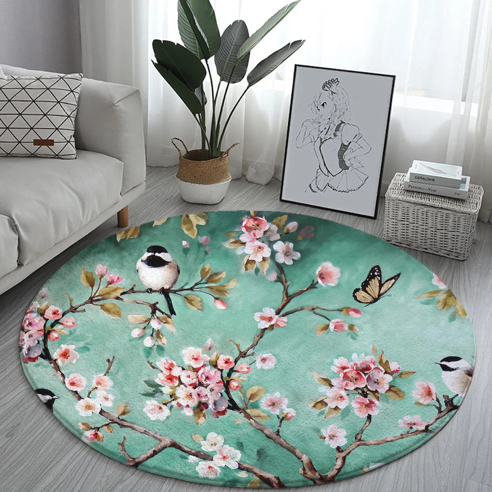 Navak Carpet Home Living Room Bedroom Bathroom Floor Mat Printing Decorative Carpet Flower and Bird  Round  Peony Rose