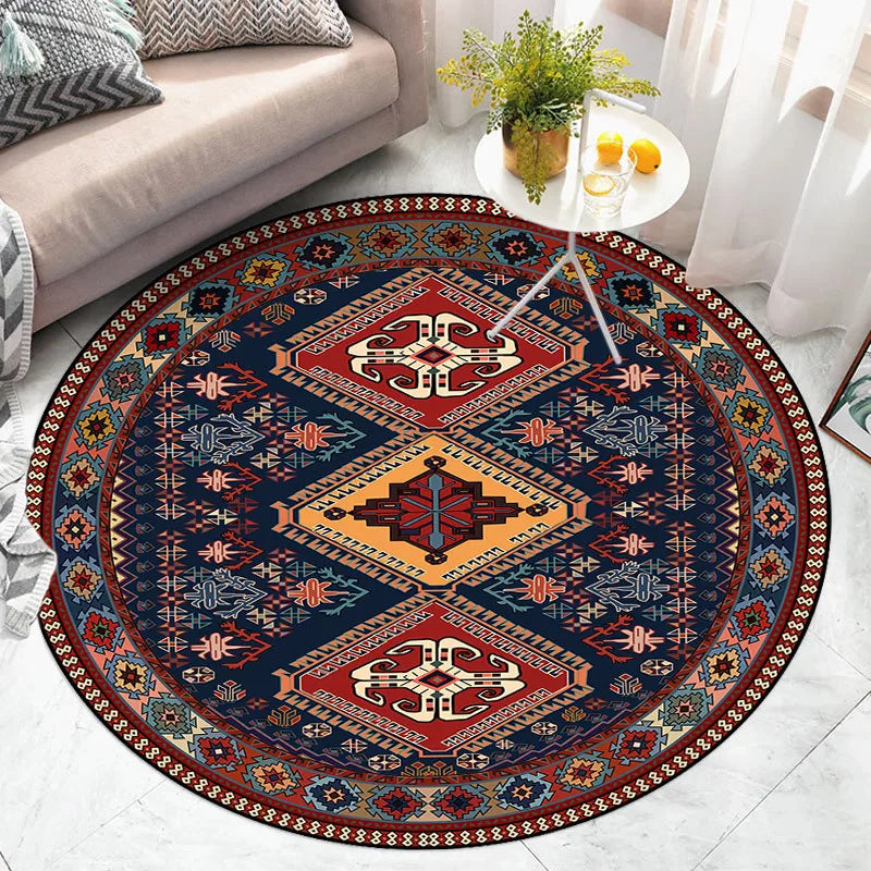 Navak Carpet American Retro Ethnic Style Circular Carpet Living Room Bedroom Mat Red Festive Atmosphere Decorated Home Rug Decoration