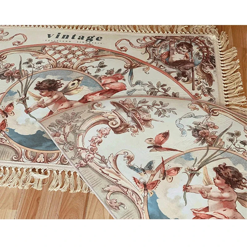 Navak Carpet Retro Livingroom Rugs Home Decoration for Bedrooom Carpet Small Doormat European Angel Printed Cotton Porch Hand Tassel Carpet