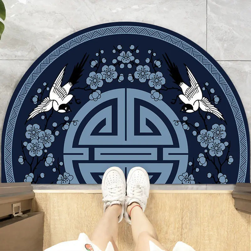 Navak Carpet Chinese Semi-circular Floor Mats Japanese Style Crane Printed Door Entrance Non-slip Floor Mats Balcony Carpet Hallway Porch Rug